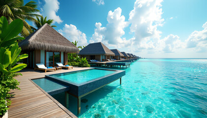 Fototapeta premium Relaxing villa retreat over crystal clear waters maldives photography tropical paradise aerial view