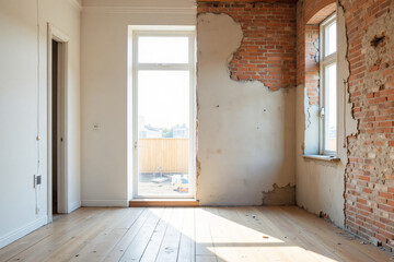 Renovation action in abandoned apartment urban environment interior photography bright light