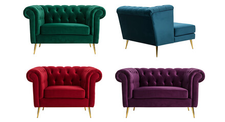 Colorful Velvet Chesterfield Sofas with Gold Legs on White Background