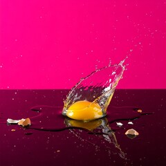 Splashing egg on a reflective surface pink background