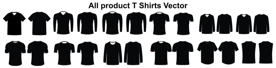 Naklejka premium Set of Different T Shirts Template Technical Flat Drawing of Basic Tshirts V-neck Tee Shirt Design Boxy T Shirt Technical Illustration Unisex Fitted Tee Shirt Vector Front and Back views