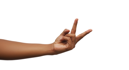 Hand gesturing V sign against white backdrop in studio shot