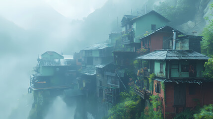 Fototapeta premium Echoes of a vanished mountain village in the mist, hyperrealistic photo. Vanishing Echo. Illustration