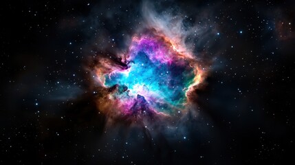 Obraz premium A stunning nebula bursts with vibrant colors of blue, purple, and orange amidst the deep blackness of space, showcasing celestial phenomena in the universe