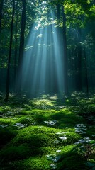 Sunlight rays dancing in green forest high resolution hd image