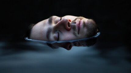Obraz premium A man is immersed with his head partially submerged in dark water, eyes closed, embodying a tranquil and meditative state during dusk. The surrounding atmosphere is calm and quiet