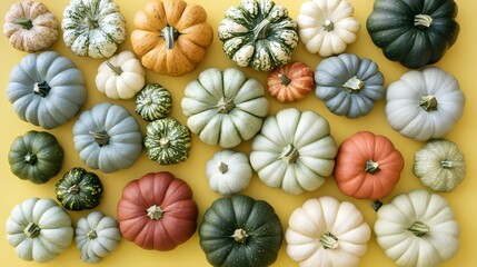 Fototapeta premium Autumn Harvest: Colorful Pumpkins Flatlay on Yellow Background