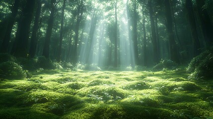Obraz premium Sunlight rays in enchanted forest moss covered ground high resolution hd image