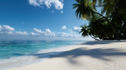 A tranquil beach setting features soft white sand bordered by lush palm trees and calm turquoise waters. Fluffy clouds drift across a clear blue sky, creating a peaceful atmosphere