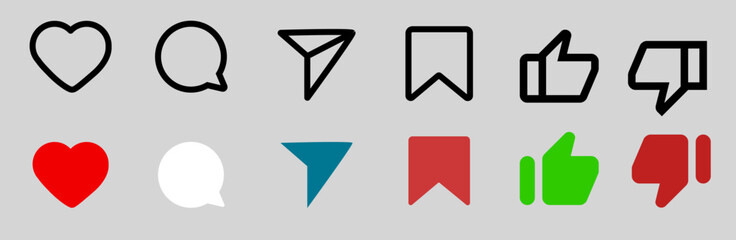 Share, save, like and comment icon set