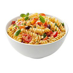 pasta salad in a white bowl looked at from the side

