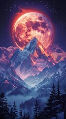 Fototapeta premium A vibrant mountain landscape under a large, glowing moon, creating a mystical atmosphere.