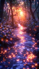 Fototapeta premium A serene forest scene with a shimmering stream reflecting warm sunlight and magical sparkles.