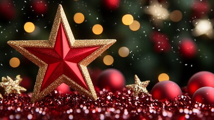 A festive composition featuring red and gold christmas decorations