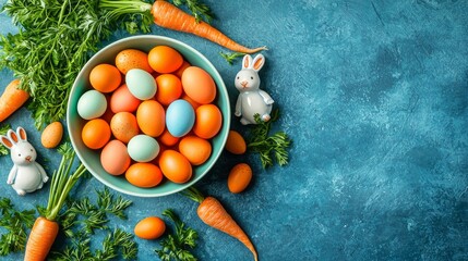 A bowl filled with brightly colored Easter eggs is surrounded by fresh carrots and adorable bunny decorations, capturing the joy and festivity of springtime celebrations and traditions
