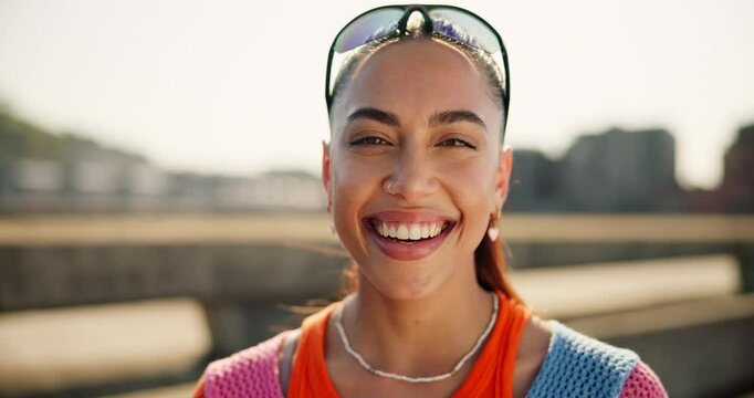 Smile, gen z and youth with face of woman in city for student, culture and Identity. Summer, fashion and cool with portrait of female person in Brazil downtown for vacation, trends and style.