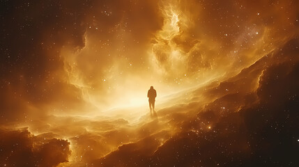 Fototapeta premium Astronaut adrift in the vast expanse of space, a cosmic ballet of stars and nebulae. a solitary figure against the infinite backdrop of the universe. Cosmic Silence. Illustration