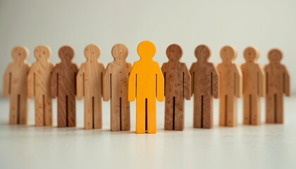Yellow wooden figure standing out among brown wooden figures in a minimalistic setting
