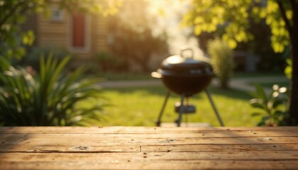 Backyard barbecue setup with a grill and wooden table under a tree in warm golden sunlight