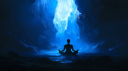 Solitary figure meditates in a dark, blue cave. Cosmic Silence. Illustration