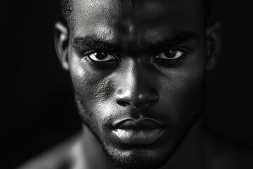Dramatic close-up of a serious man’s face in high-contrast black and white studio lighting, emphasizing intensity and strength