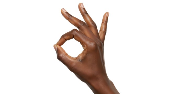Showing OK sign with dark skin hand isolated on white