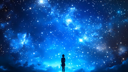 Woman gazing upward in a starry sky with cosmic blue backdrop. Cosmic Silence. Illustration