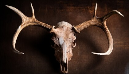 closeup of the top of a deer skull on a dark brown mottled background still life arranged horizontally of an animal skull preserving all details in a moody dark presentation
