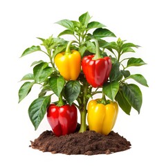 High-quality image of a bell pepper plant with red, yellow, and green peppers growing on it 