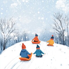 Kids sledding in the snow, winter joy.