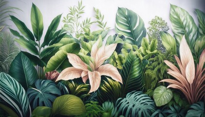 Fototapeta premium ai generated ai generative notanical herbal exotic tropical plants herbs flowers botanical foliage background nature jungle lanfscape graphic art
