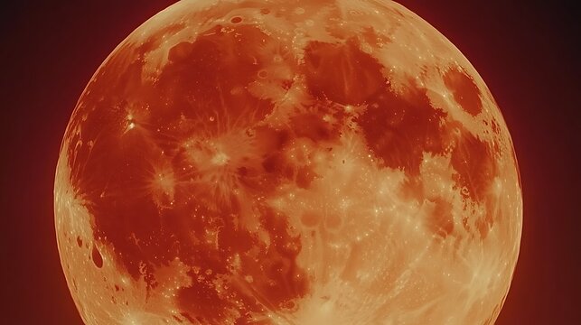 A close up view of the reddish full lunar surface