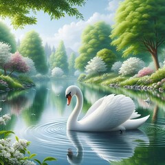 A White Swan Gracefully Swimming in a Calm Lake Surrounded by Verdant Trees and Gentle Clouds.