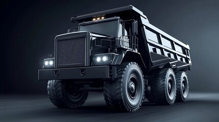 A large black heavy duty dump truck sits under dim lighting