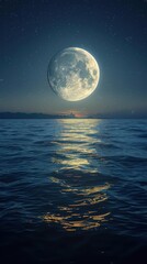 A serene night scene with a large moon reflecting on calm ocean waters.