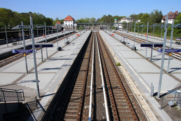 Olympiastadion Train Station Platforms and Railway Tracks in Berlin on Sunny Day