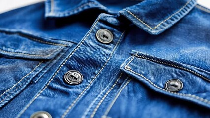 Close-up view of a blue denim shirt showcasing buttons and stitching details from a casual clothing collection