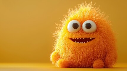 Fototapeta premium A cheerful orange furry creature with large eyes and a joyful smile is positioned against a vibrant yellow backdrop, creating a playful and whimsical atmosphere
