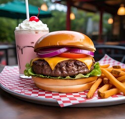 Juicy burger, crispy french fries and strawberry milkshake 