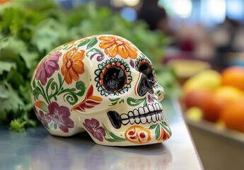 Decorative skull with vibrant floral patterns (orange, purple, green), blurred greenery and fruits in background