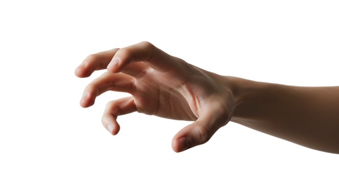 Reaching human hand in grabbing gesture against light background