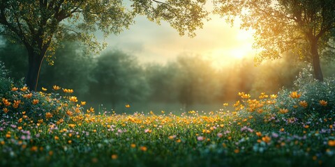 Obraz premium Serene sunlit meadow with blooming flowers and trees 