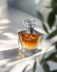 Luxury Perfume Bottle with Amber Fragrance on White Surface with Botanical Shadows