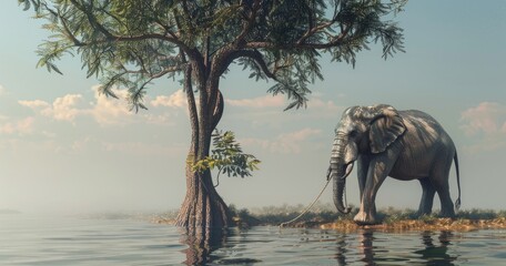 3D realistic style, large elephant standing by a tree with a thin rope tied around its legs