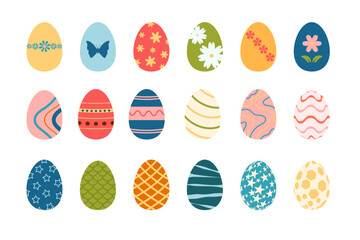 Colorful Easter eggs with floral, geometric and abstract shapes set. Spring flat collection of elements.