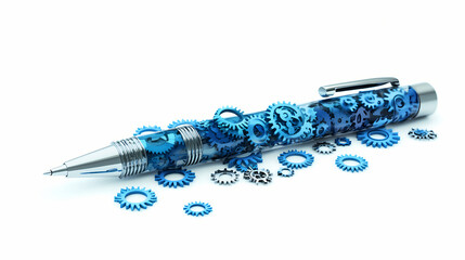 Plastic pen and gears isolated on white background with clipping path. Erased Path. Illustration