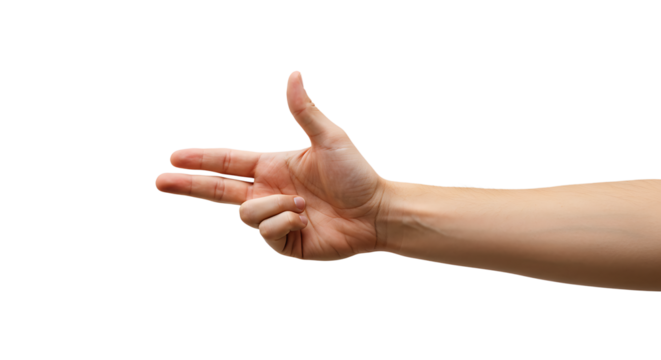 Hand making gun gesture against a white background in studio shot - Powered by Adobe