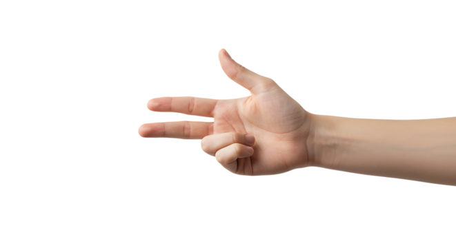 Hand gesturing scissors for rock paper scissors game on white background
