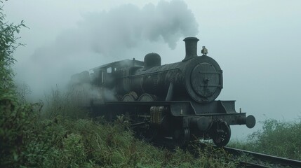 Fototapeta premium A vintage steam train chugs slowly along a misty rural railway, enveloped in fog, with smoke billowing from its chimney during the early morning hours