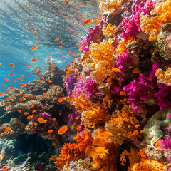Obraz premium A school of tropical fish darting through coral reefs, showcasing a burst of colors and textures, 